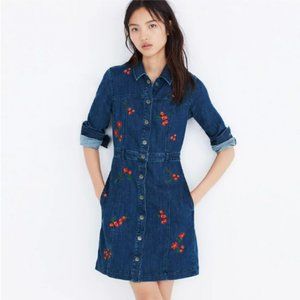 Madewell Embroidered Floral Denim Shirtdress Blue 8 western casual cowgirl